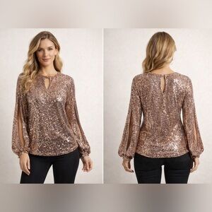Cable & Gauge Rose Gold Sequin Blouse Small Party Top Balloon Sleeve NWT